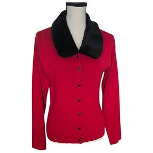 Vintage Kathie Lee Red sweater cardigan a with faux fur collar. SZ. M  8-10